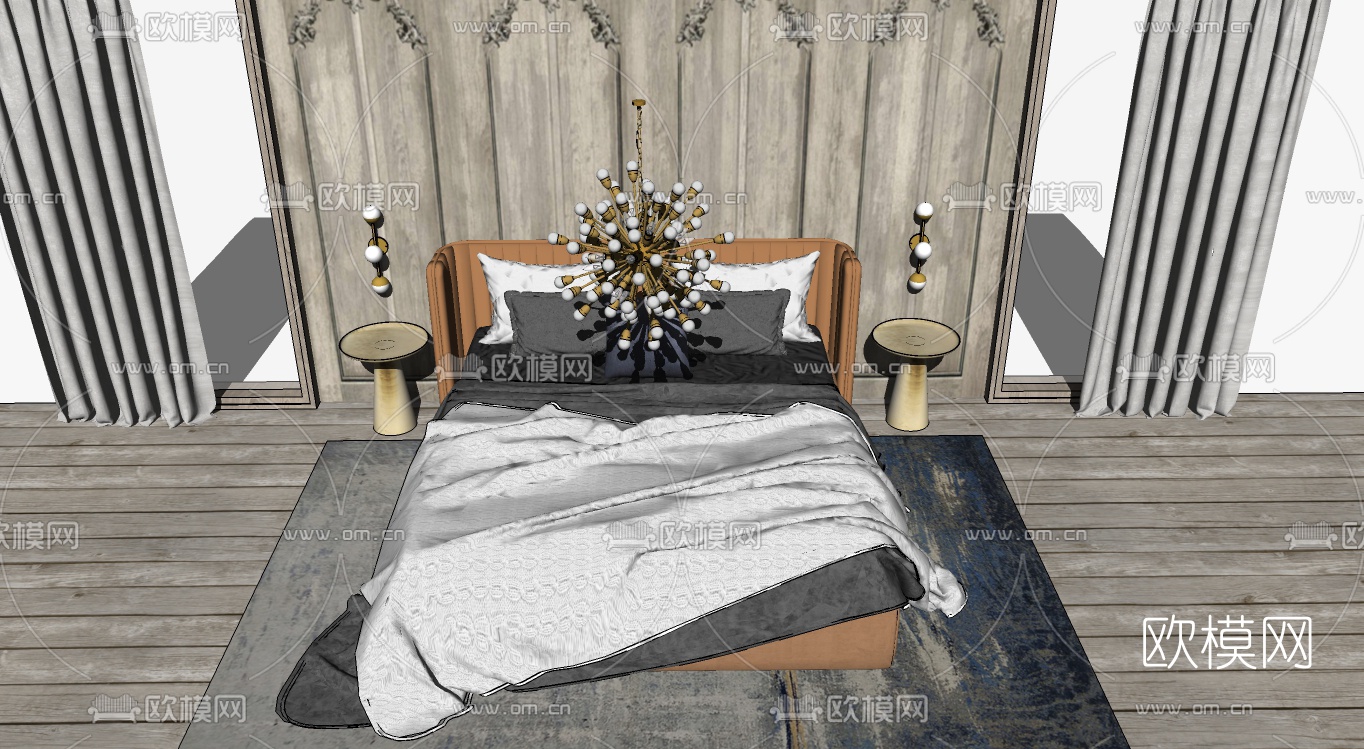 现代布艺轻奢双人床组合su模型下载（渲染图2）