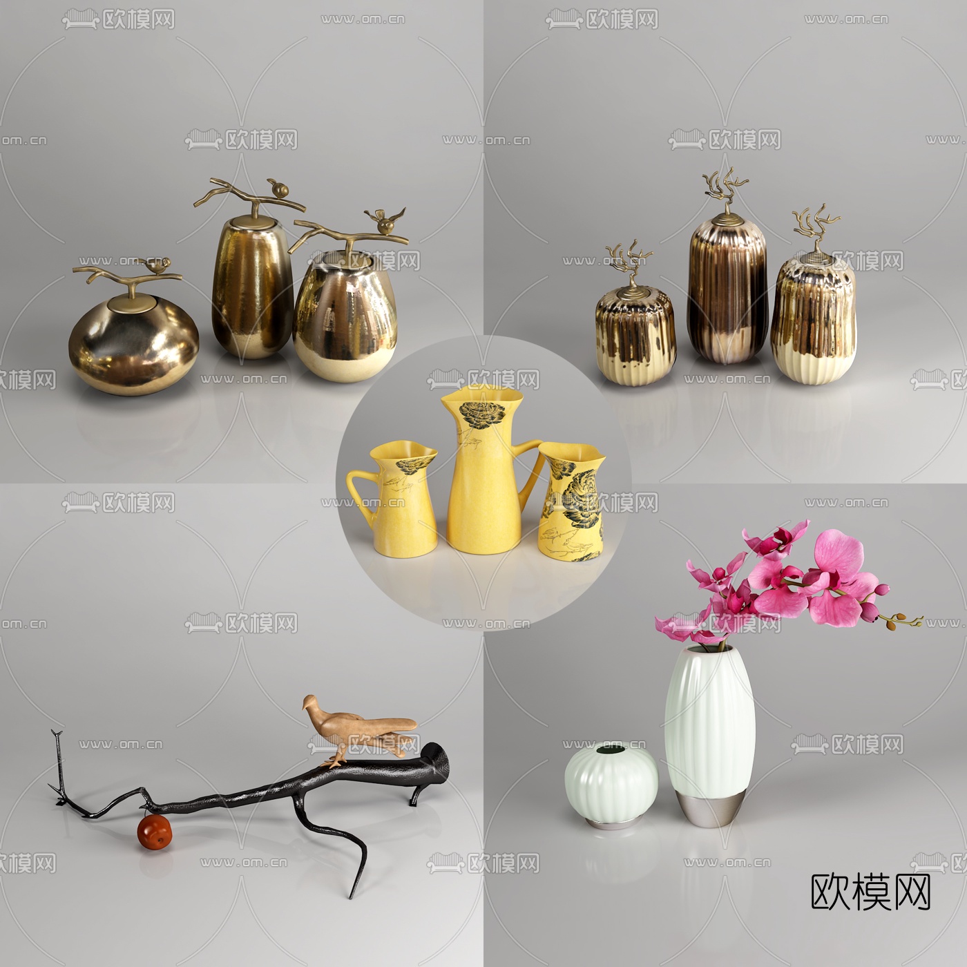 新中式金属陶瓷花瓶器皿摆件组合3D模型下载（渲染图1）