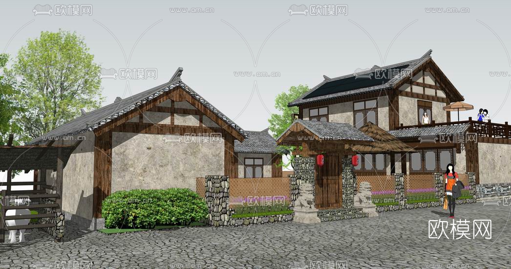 中式农家乐住宅su模型下载（渲染图1）