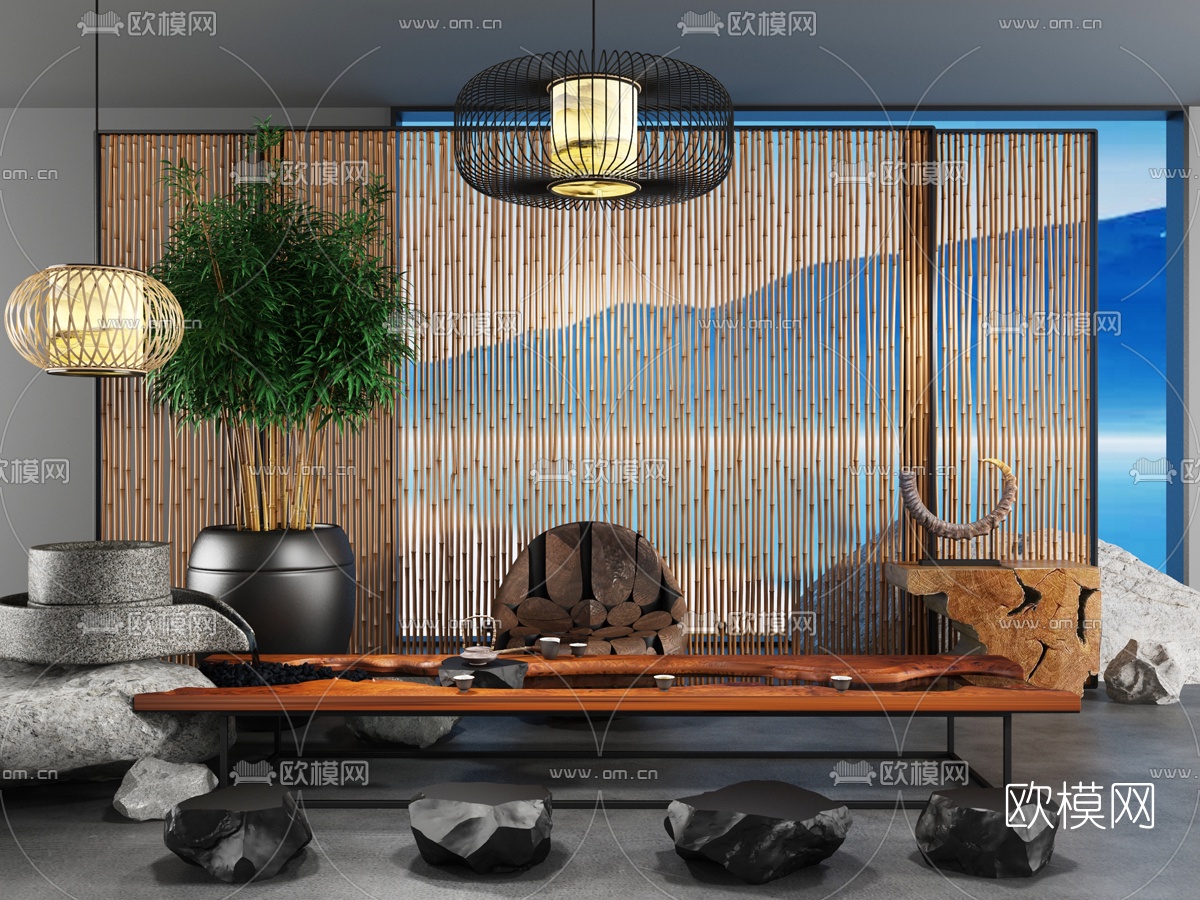 中式茶台屏风组合3D模型