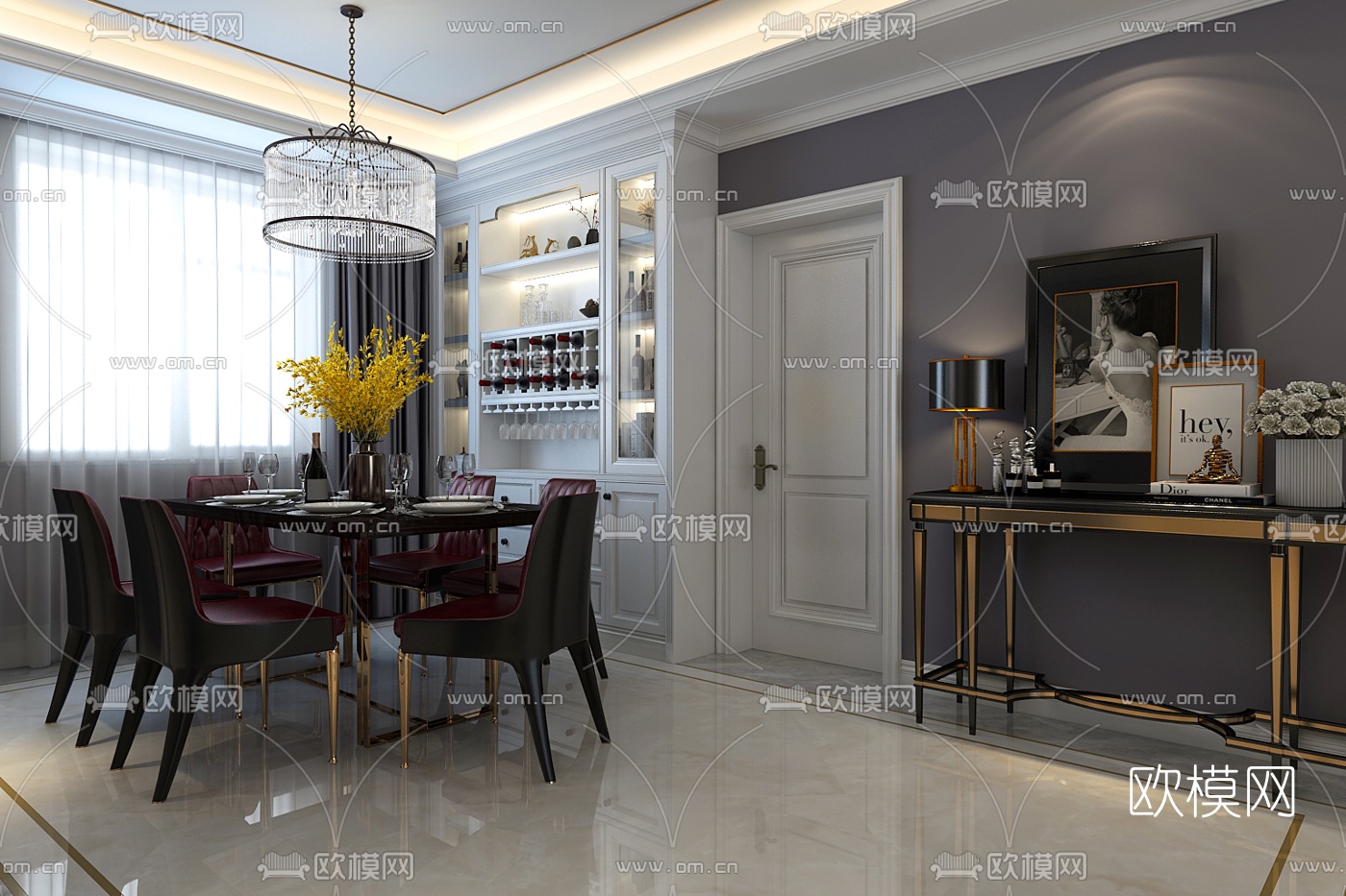 欧式客厅餐厅3d模型下载（渲染图2）
