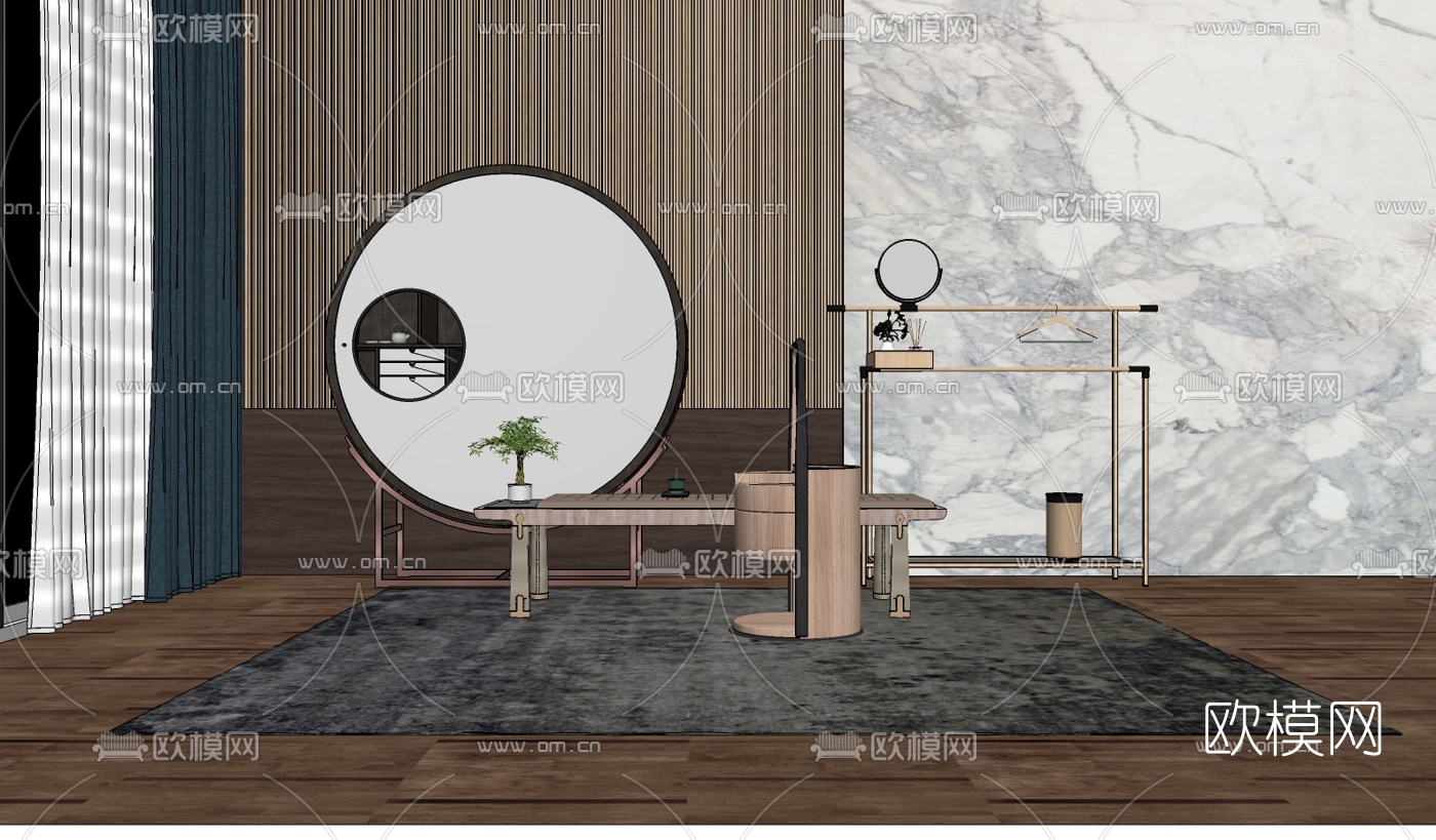 新中式茶几装饰柜组合su模型下载（渲染图2）