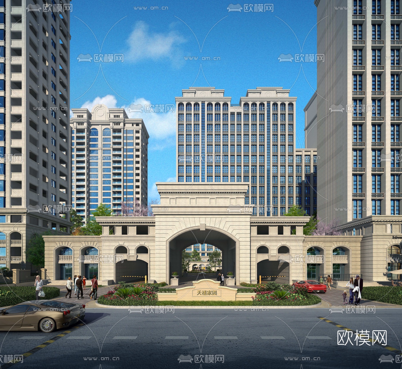 简欧小区入口门头3d模型