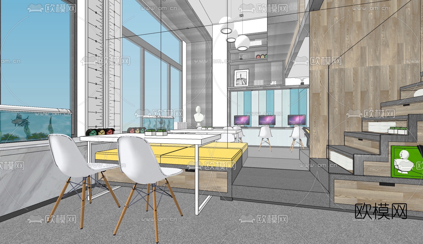 现代办公区免费su模型下载（渲染图2）