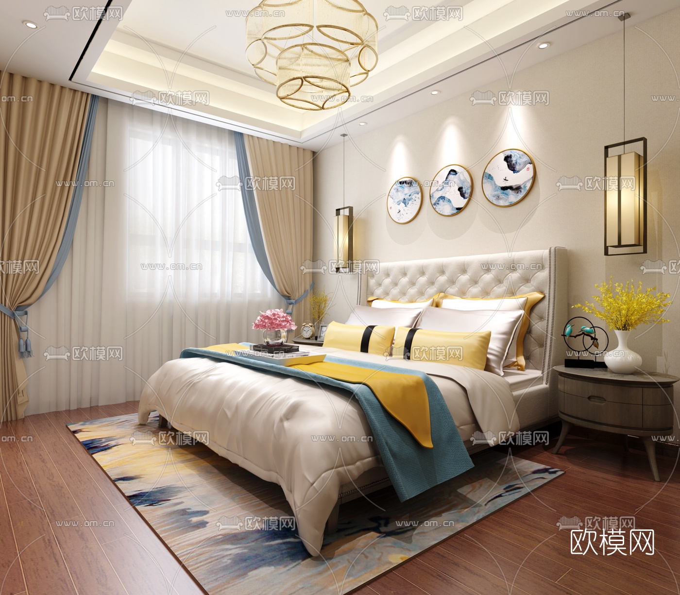 新中式卧室免费3d模型-免费3dmax模型库-欧模网