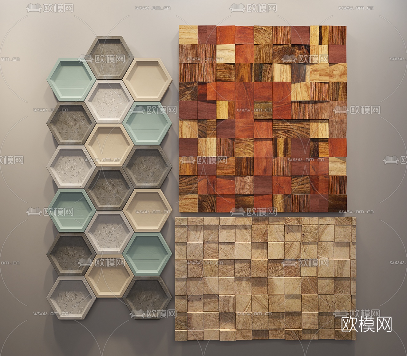 现代实木墙面装饰板组合3D模型下载（渲染图1）