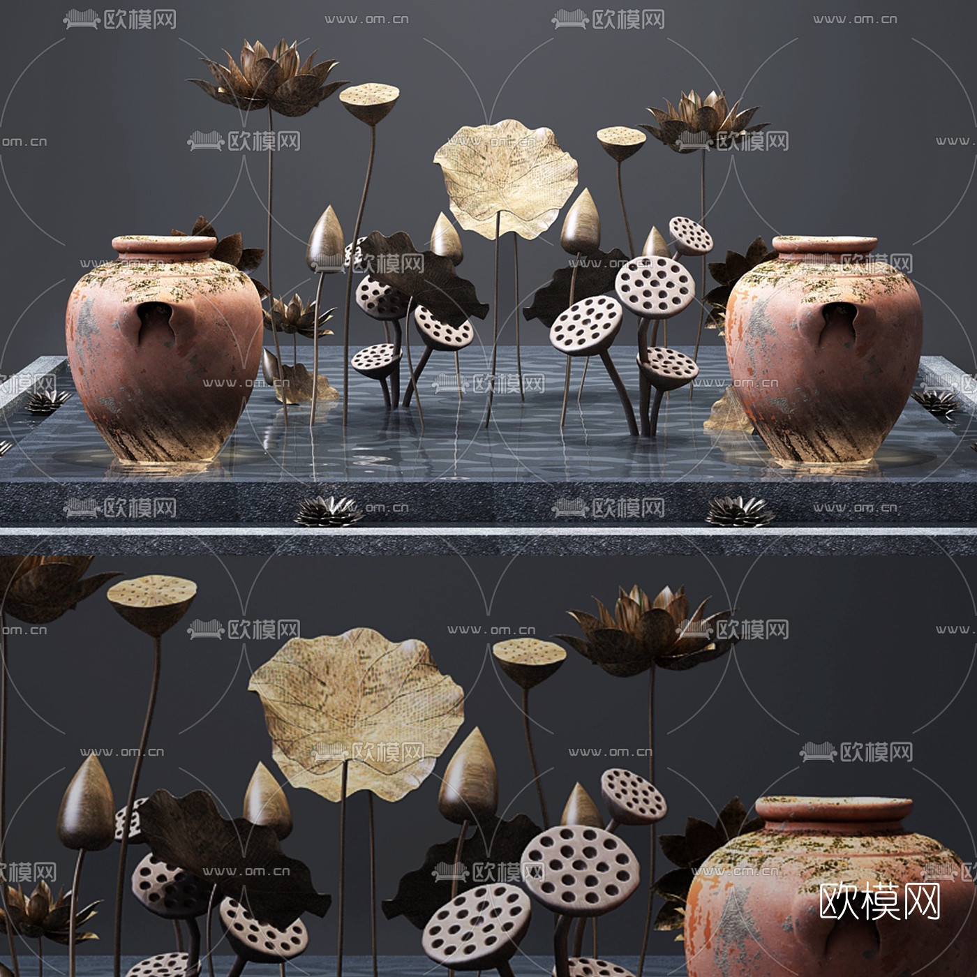 新中式水池荷花陶罐莲藕园艺小品3d模型下载