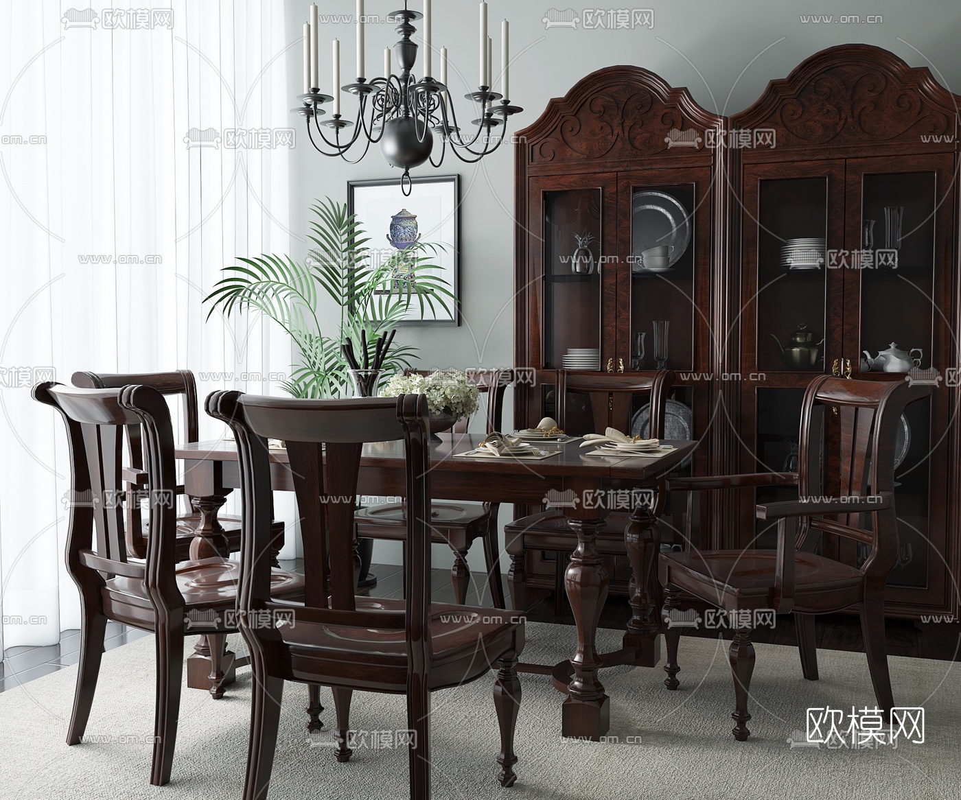 美式实木餐桌椅餐柜吊灯组合3D模型下载