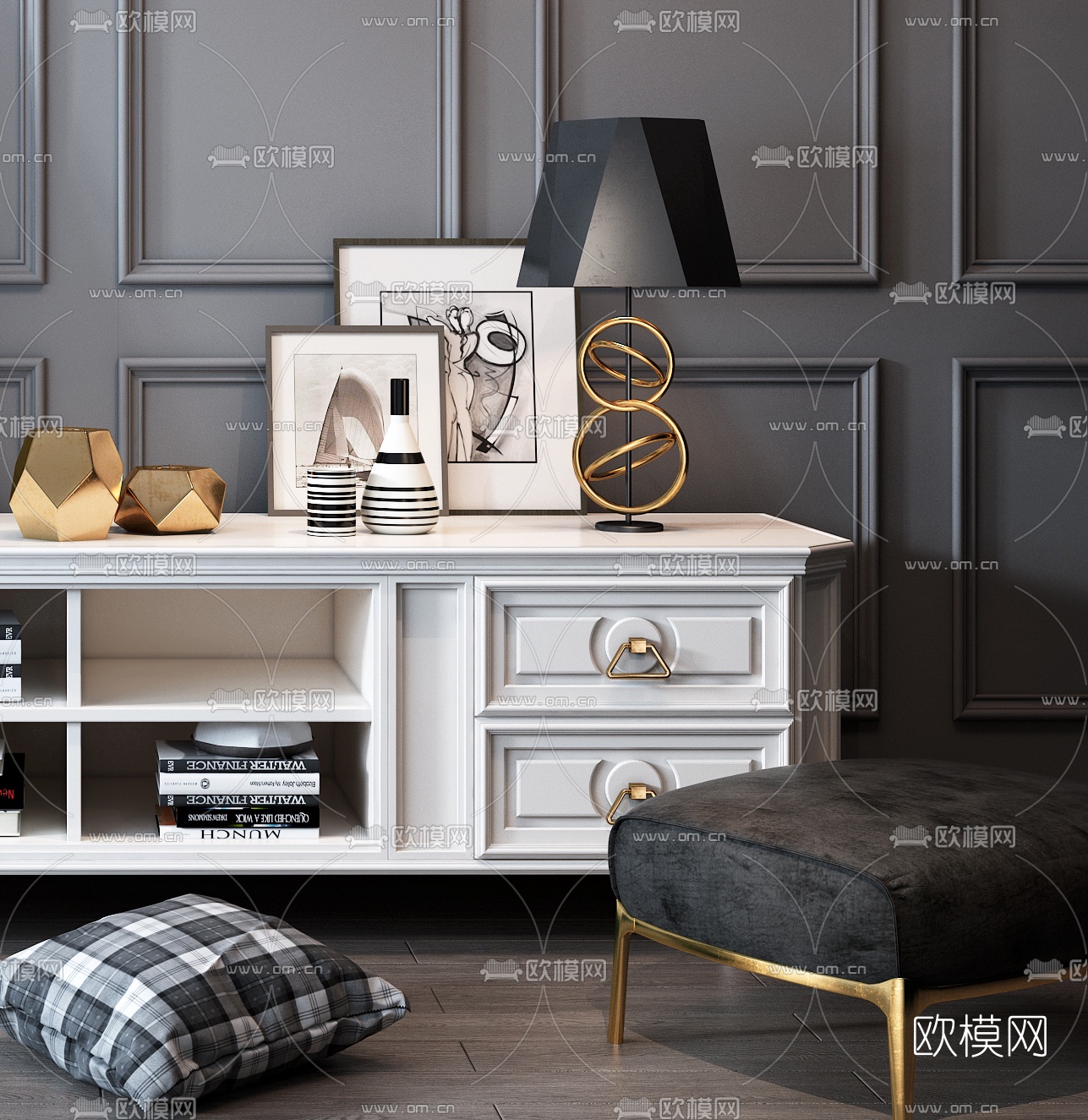 简欧实木电视柜3D模型下载（渲染图2）