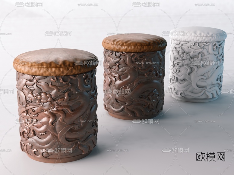 新中式雕刻凳子3d模型下载