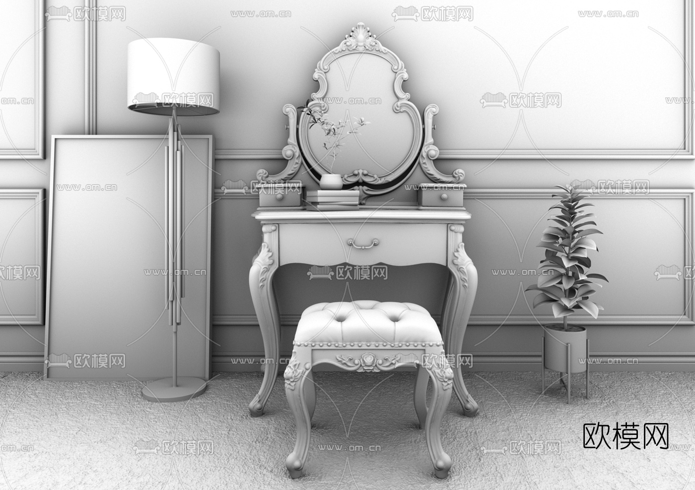美式雕花梳妆台3d模型下载（渲染图2）