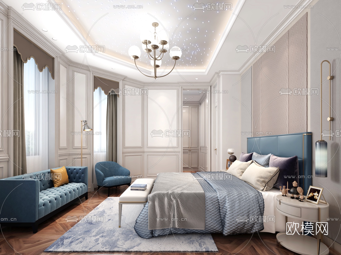 简欧卧室主人房3d模型下载