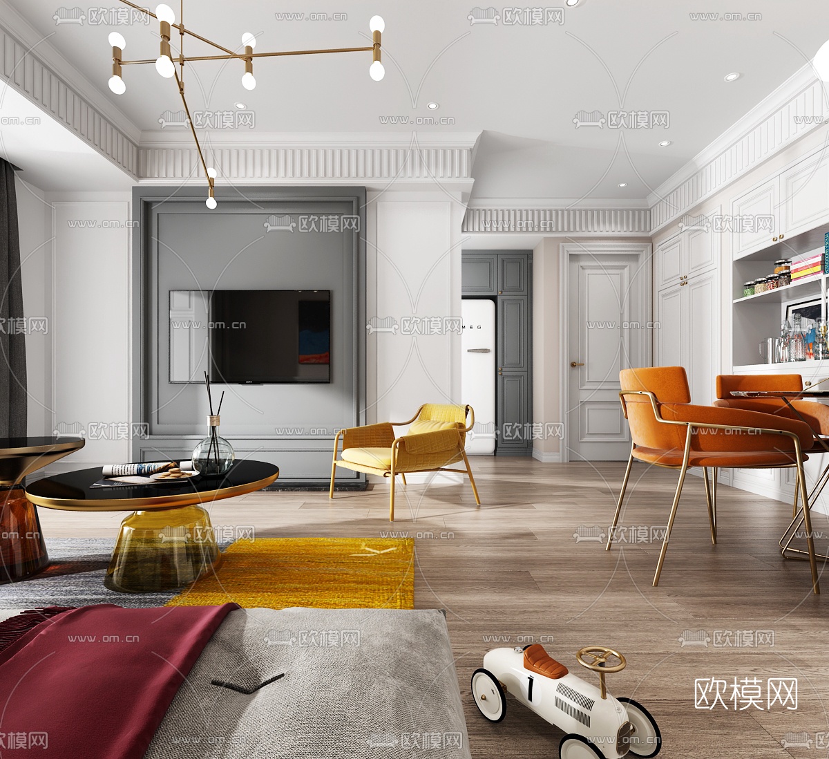 欧式客厅餐厅3D模型下载（渲染图2）