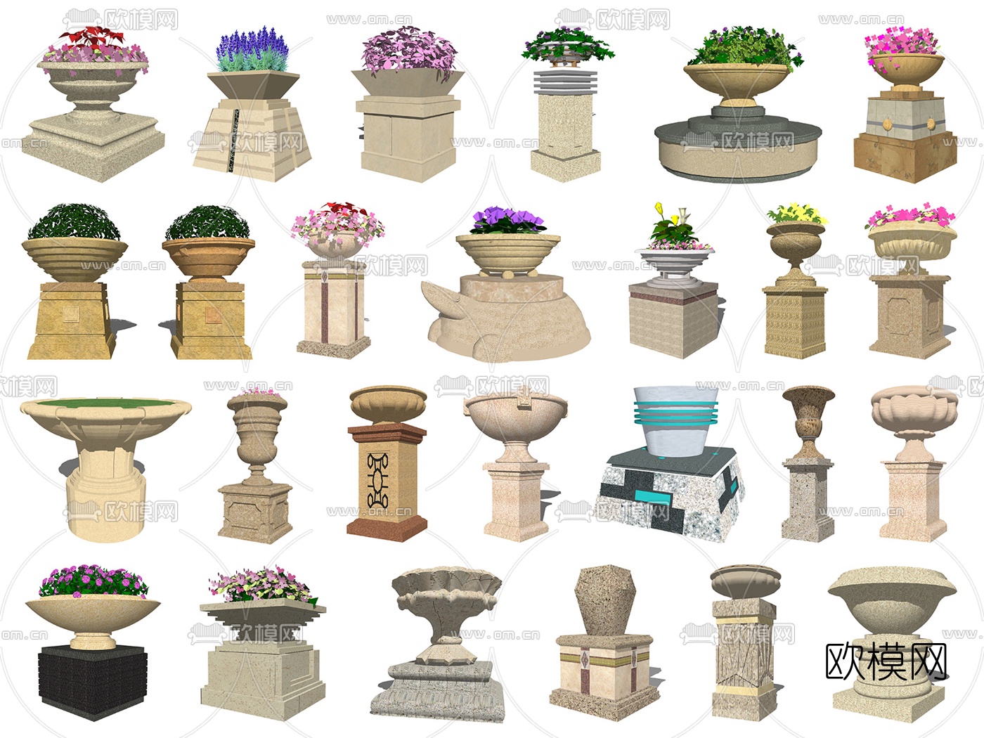 欧式花钵花坛花柱花盆su模型下载