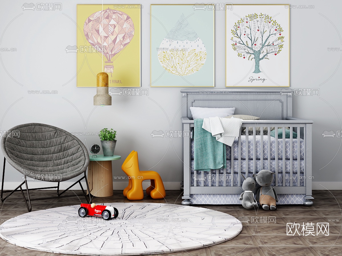 北欧婴儿床休闲椅圆几玩具吊灯装饰画3D模型下载