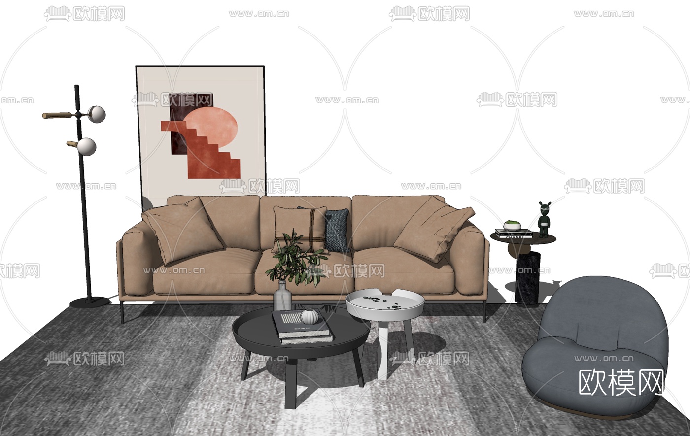 北欧布艺沙发组合su模型下载