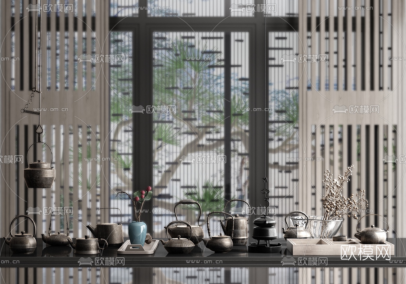 新中式茶壶茶具su模型下载（渲染图1）