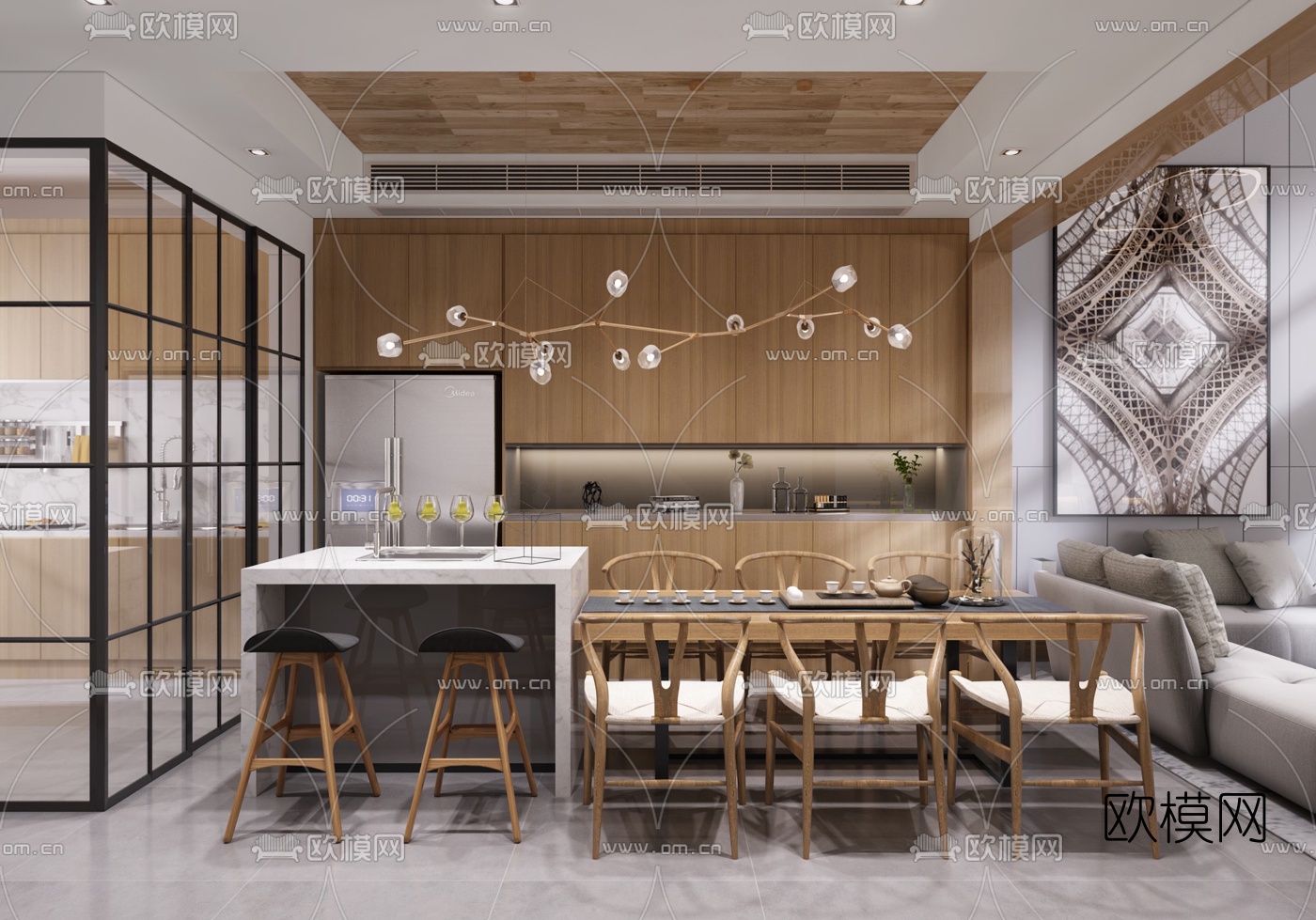 新中式别墅客厅餐厅书房3d模型下载（渲染图3）