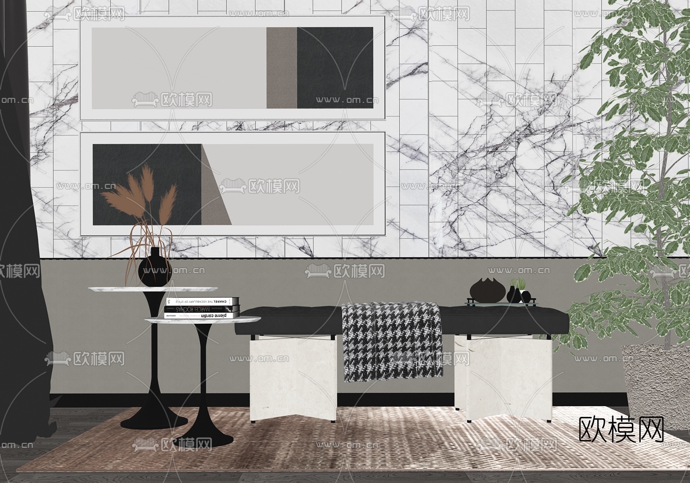 现代布艺沙发凳su模型下载（渲染图2）