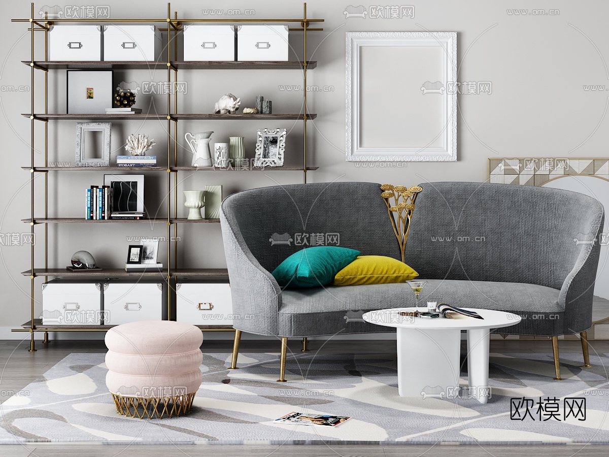 后现代布艺沙发茶几装饰架装饰画摆件3D模型下载