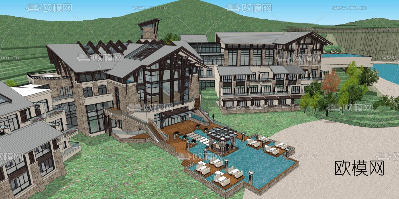 东南亚山地滨水酒店su模型下载（渲染图5）
