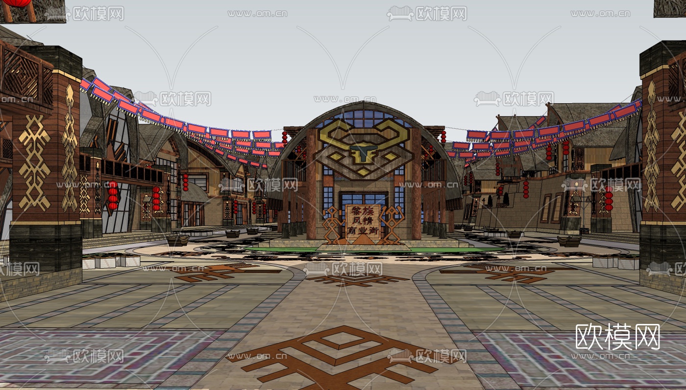 黎族风商业街su模型下载（渲染图2）