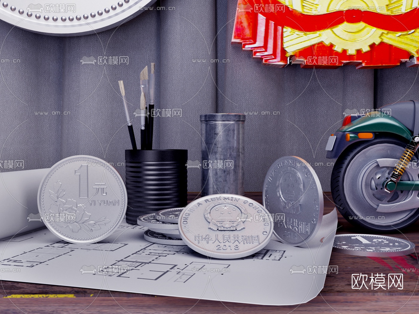 现代实木桌椅国徽硬币摆件组合3D模型