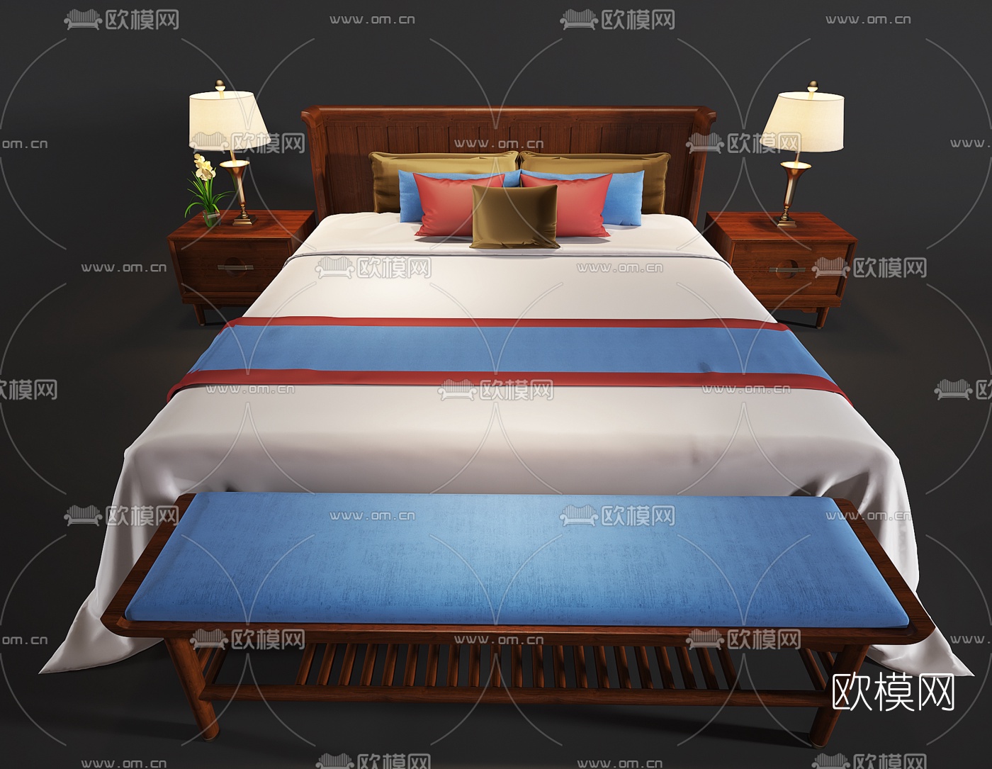 东南亚实木双人床床头柜台灯脚踏3D模型下载