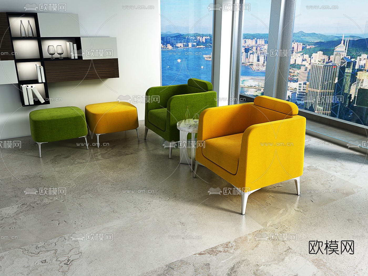 现代时尚办公单人沙发脚踏3d模型下载（渲染图1）