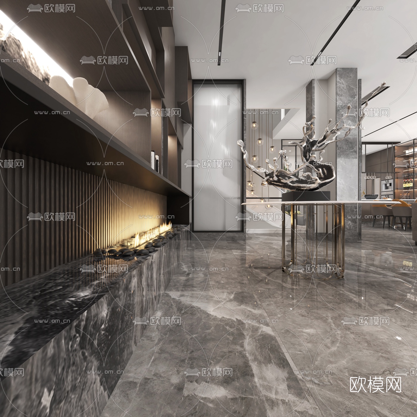 现代高级灰客厅餐厅3d模型