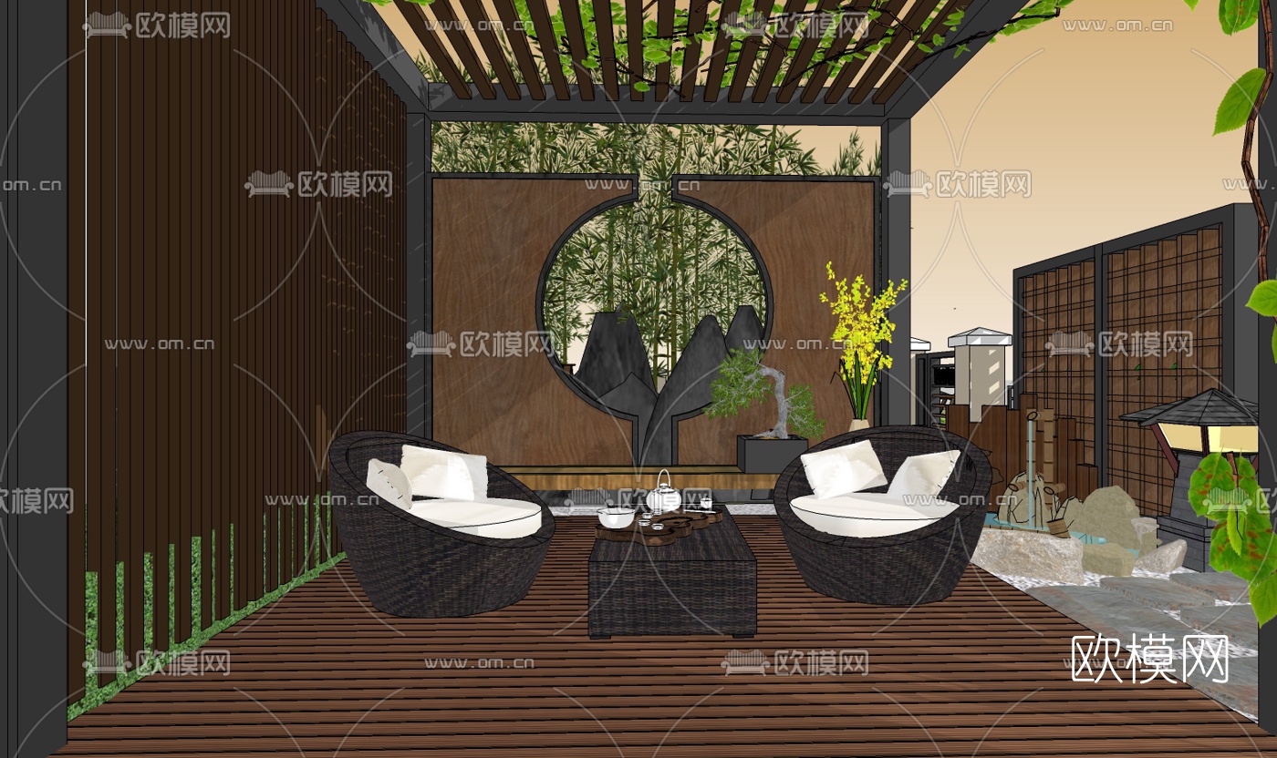 中式园林景观su模型下载（渲染图2）