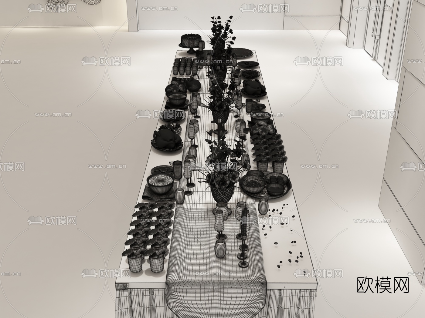 现代酒店西餐厅长桌食物3d模型