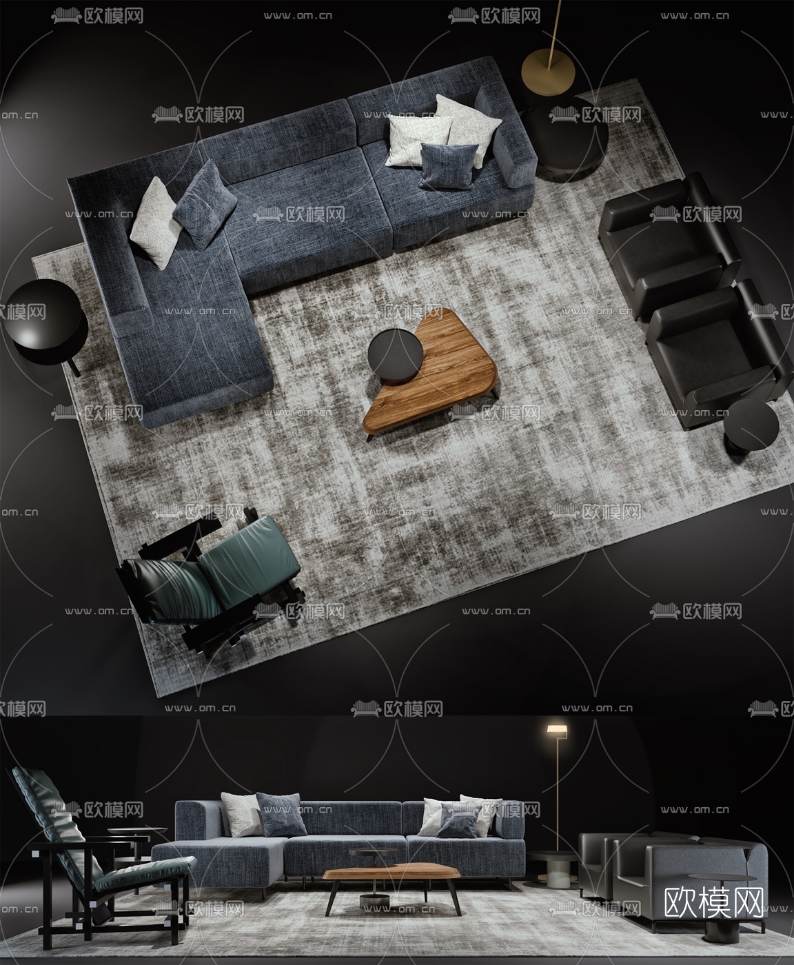 意大利Cassina品牌 现代布艺组合沙发茶几3D模型下载（渲染图1）