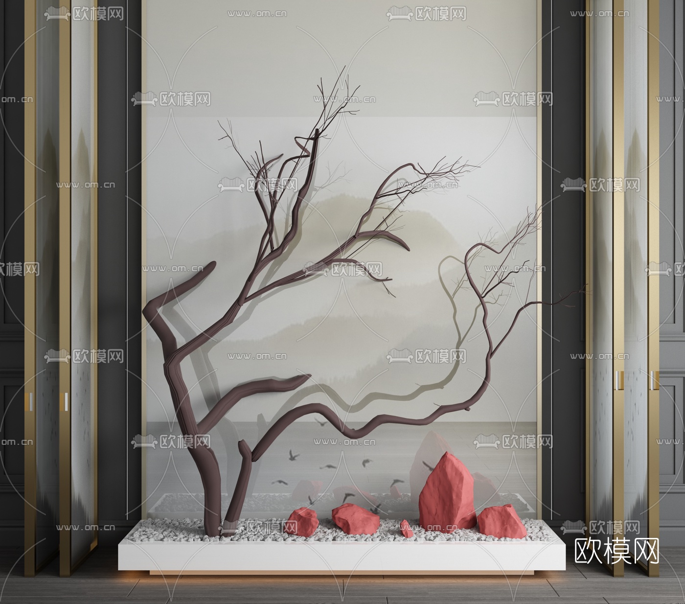 新中式干枝假山园艺小品3d模型下载