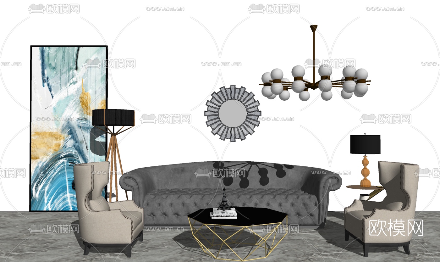 美式布艺多人沙发组合su模型下载