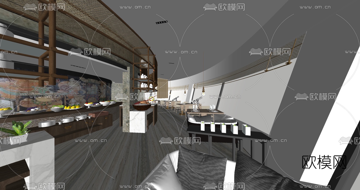 新中式茶餐厅su模型下载（渲染图2）