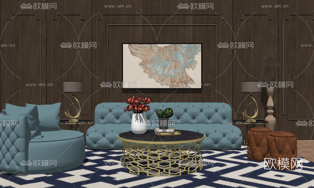 美式布艺沙发组合su模型下载