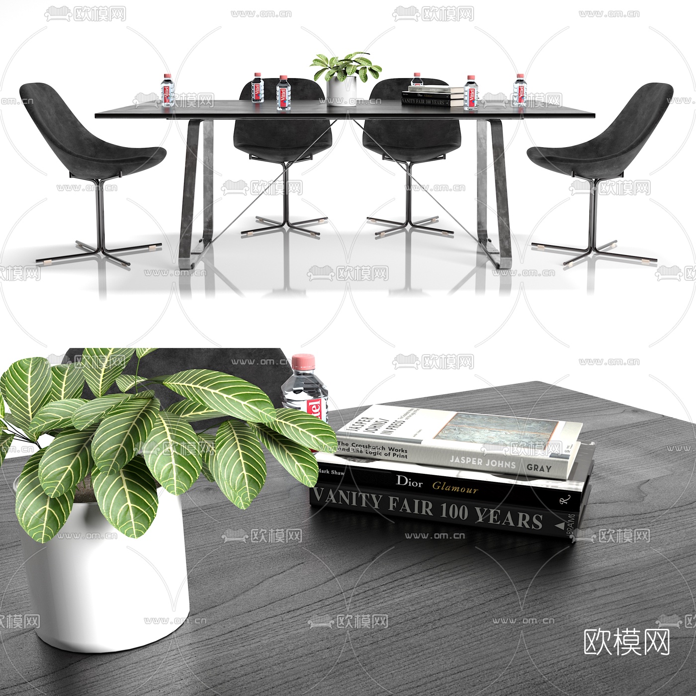 现代实木会议桌椅盆栽组合3D模型