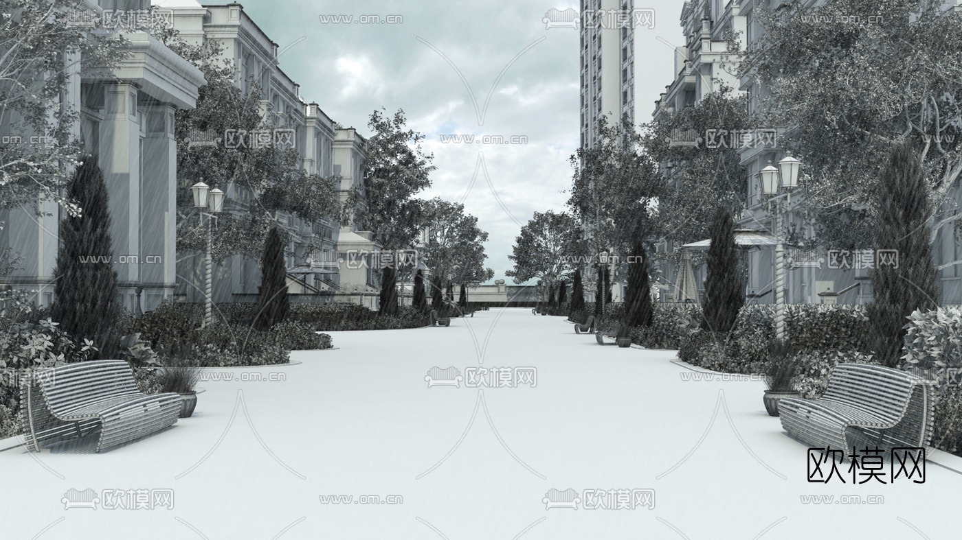 现代别墅住宅区雨天外景3D模型-免费3dmax模型库-欧模网