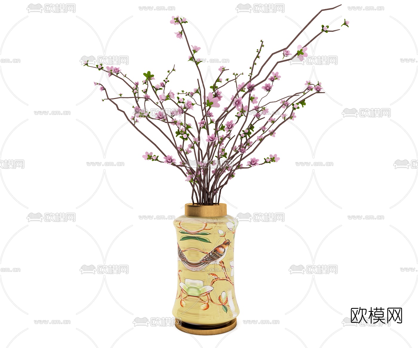 中式陶瓷玻璃花瓶插花组合3D模型下载（渲染图4）