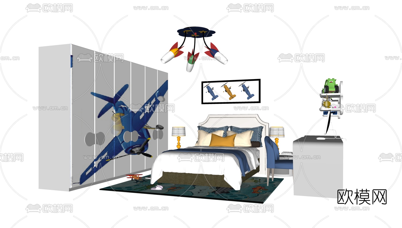 简欧儿童床衣柜组合su模型下载