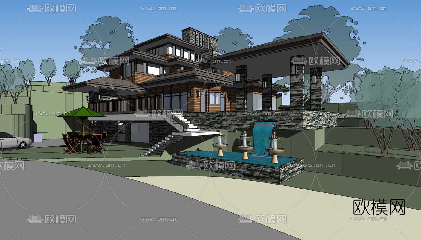现代独栋别墅su模型下载（渲染图1）
