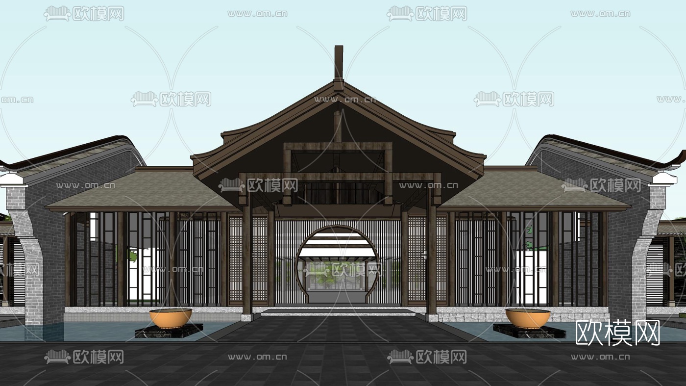 新中式度假酒店su模型下载（渲染图1）