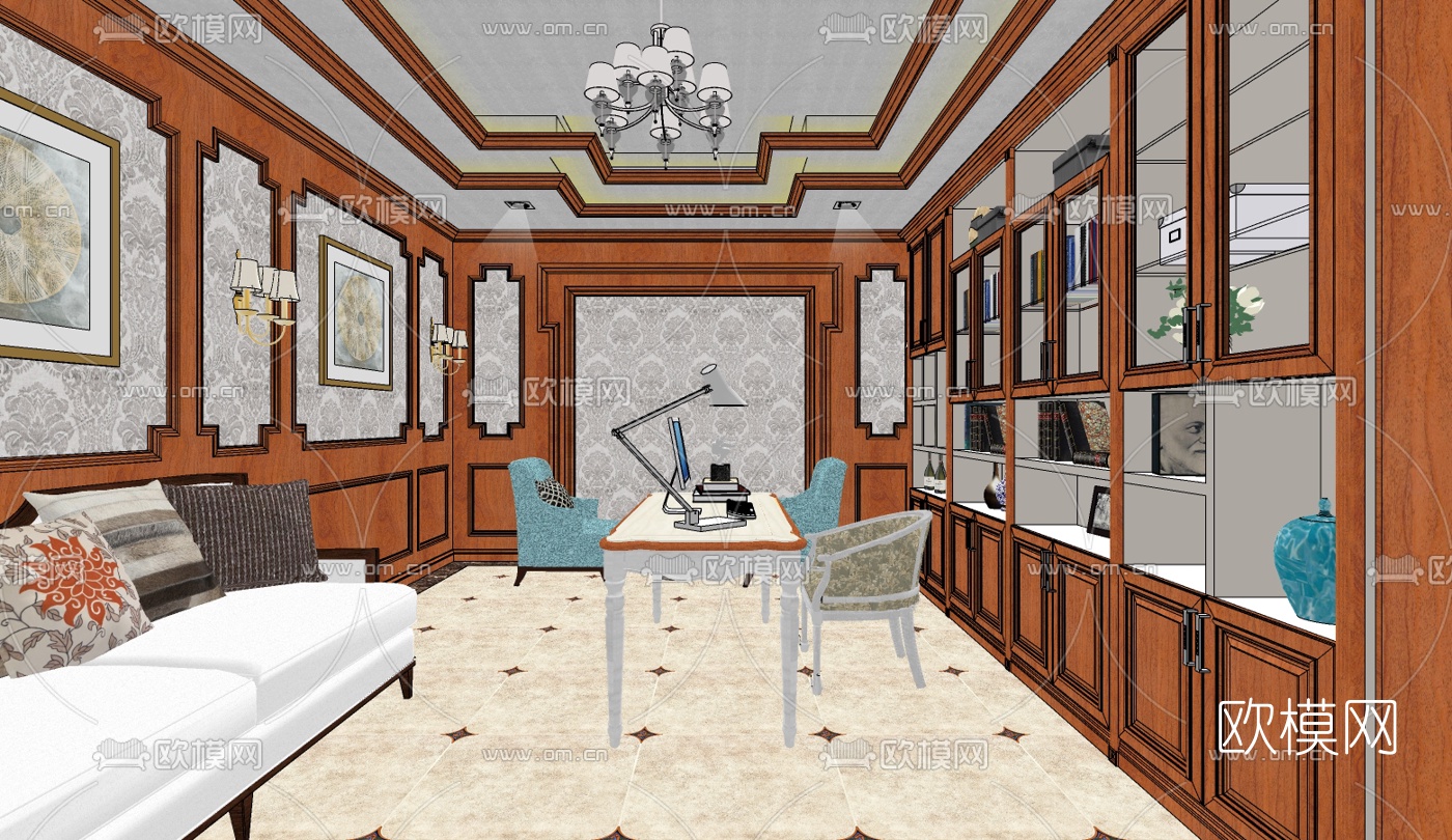 美式书房su模型下载