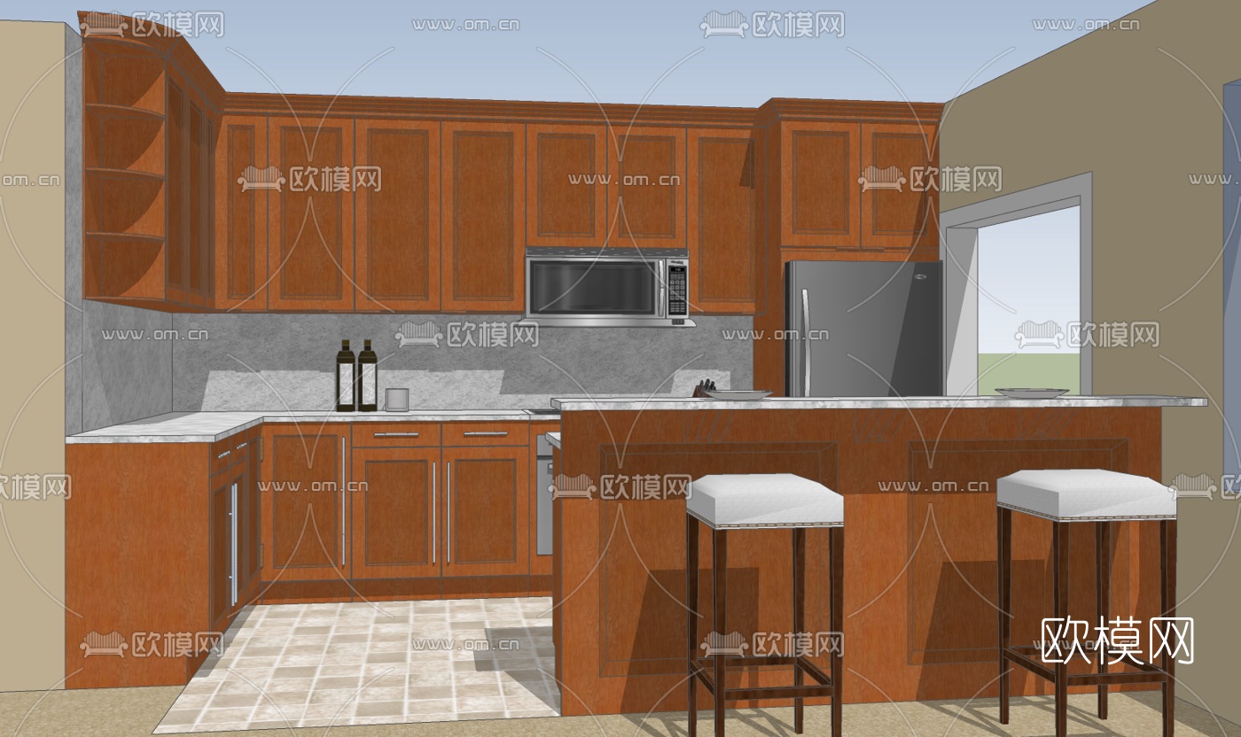 美式橱柜免费su模型下载（渲染图1）