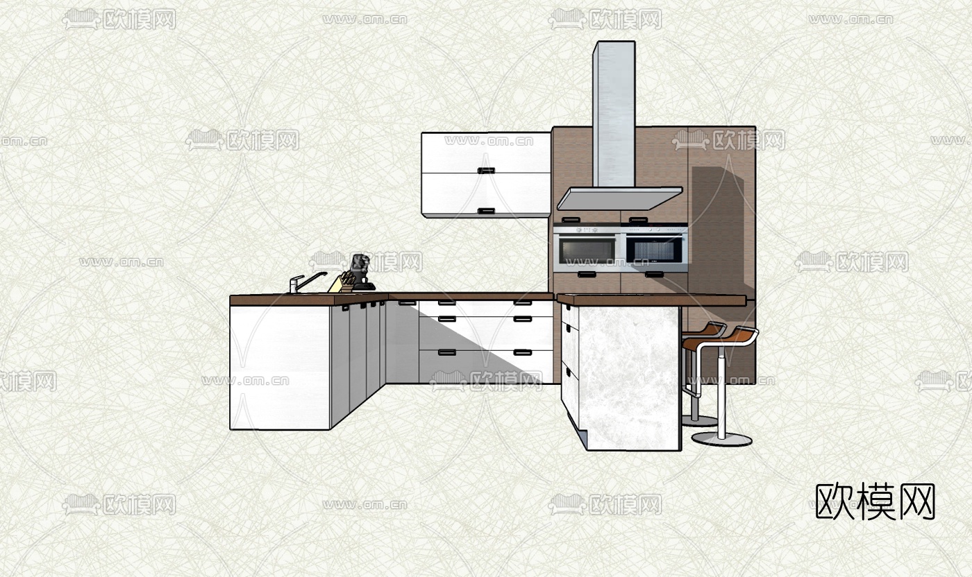现代橱柜免费su模型下载（渲染图2）