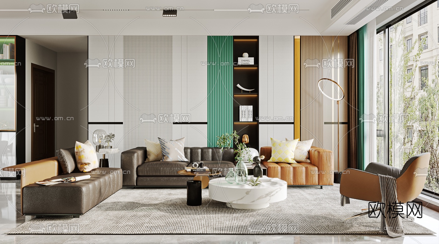 现代轻奢客厅餐厅3d模型下载（渲染图1）