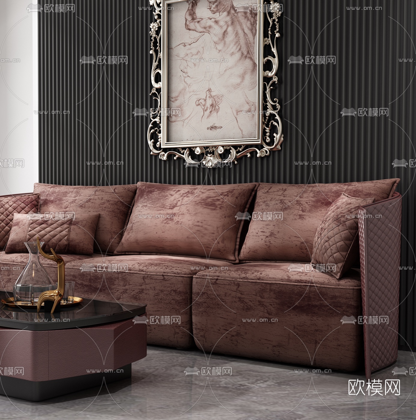 BENTLEY 后现代多人沙发茶几挂画组合3D模型下载（渲染图4）
