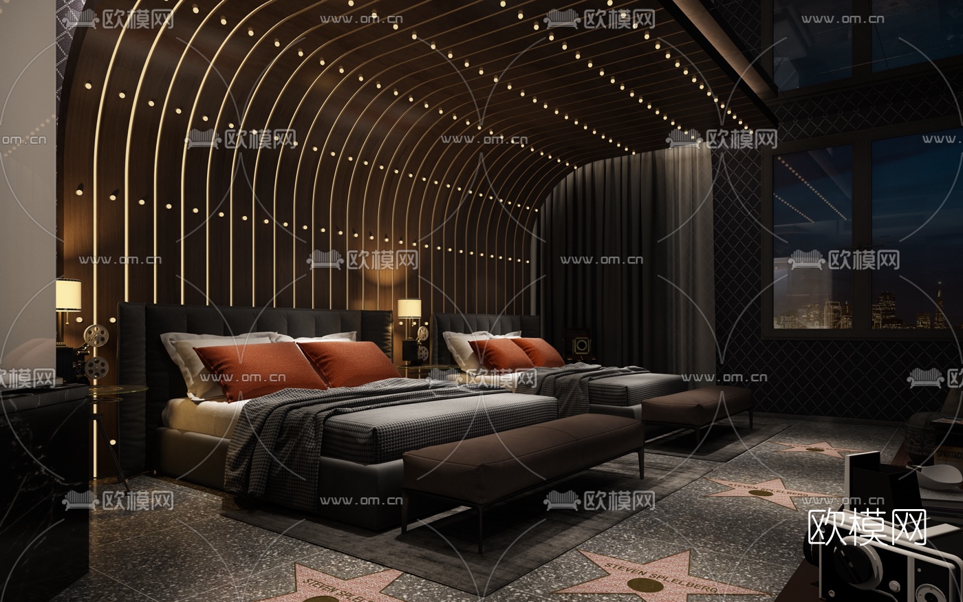 工业风酒店主题客房双人房3d模型下载