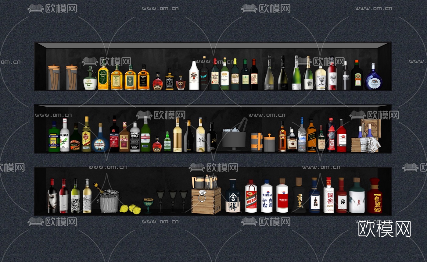 现代酒瓶白酒红酒洋酒su模型下载（渲染图2）